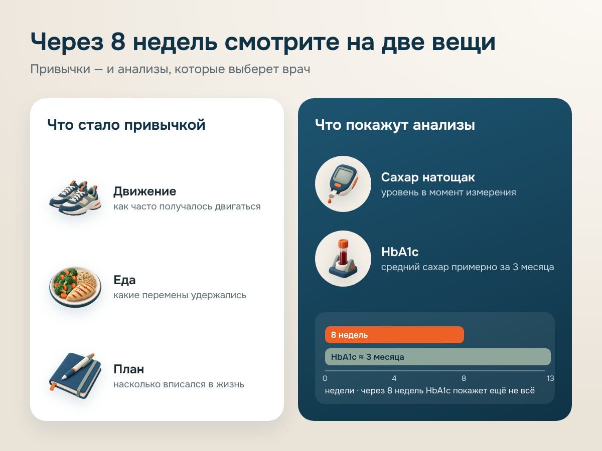 Схема: слева привычки — движение, еда, план; справа анализы — сахар натощак и HbA1c; шкала показывает, что 8 недель меньше трёх месяцев, за которые HbA1c отражает средний сахар.