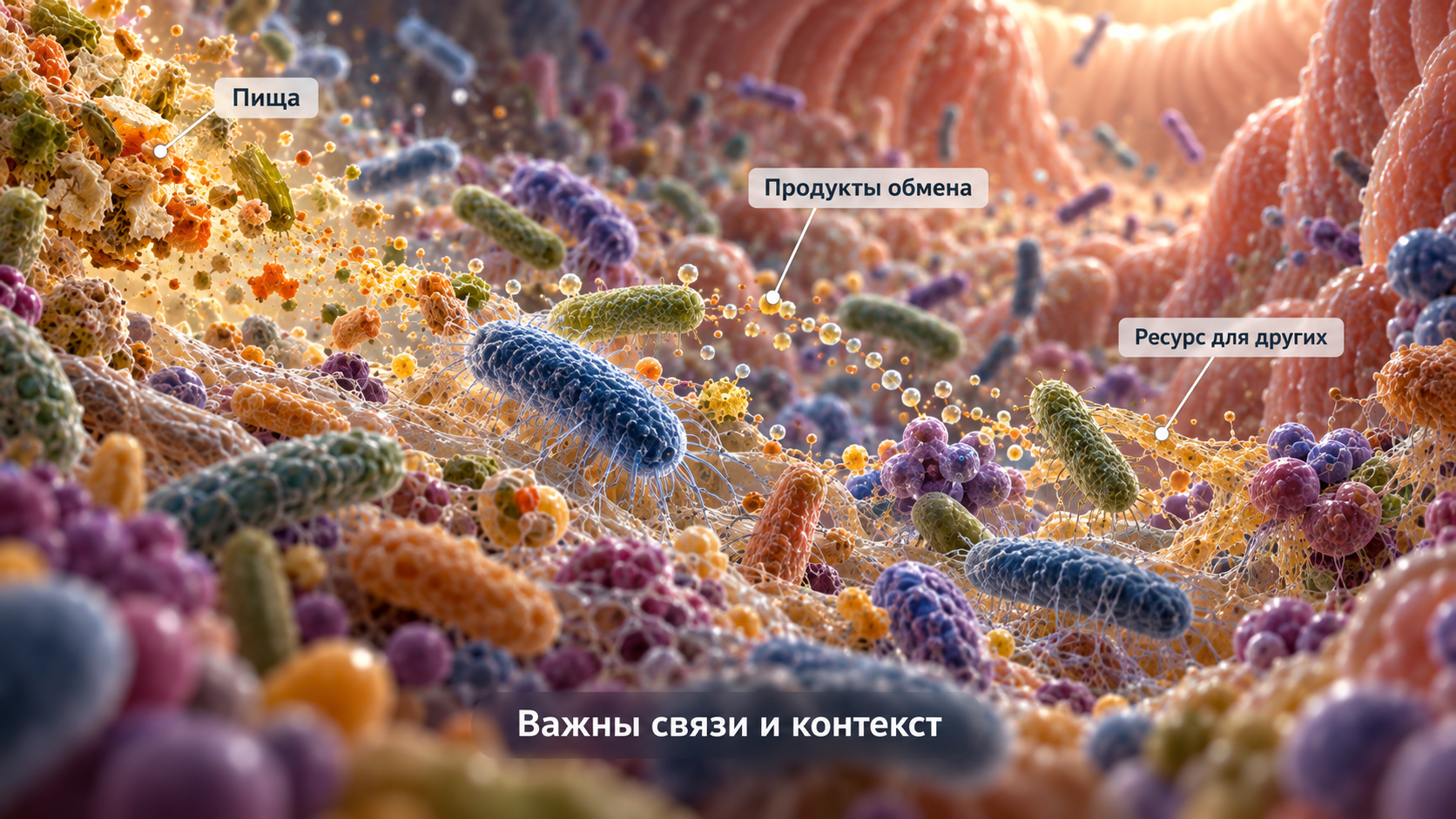 Объёмная микробная экосистема, где продукты обмена одних микроорганизмов становятся ресурсом для других.