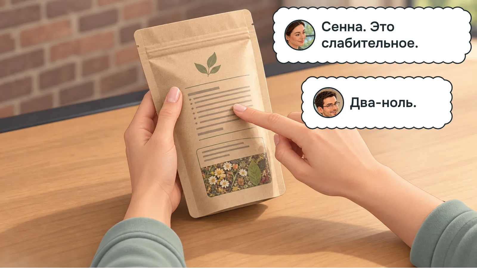 Аня показывает строку состава на пачке детокс-чая: сенна