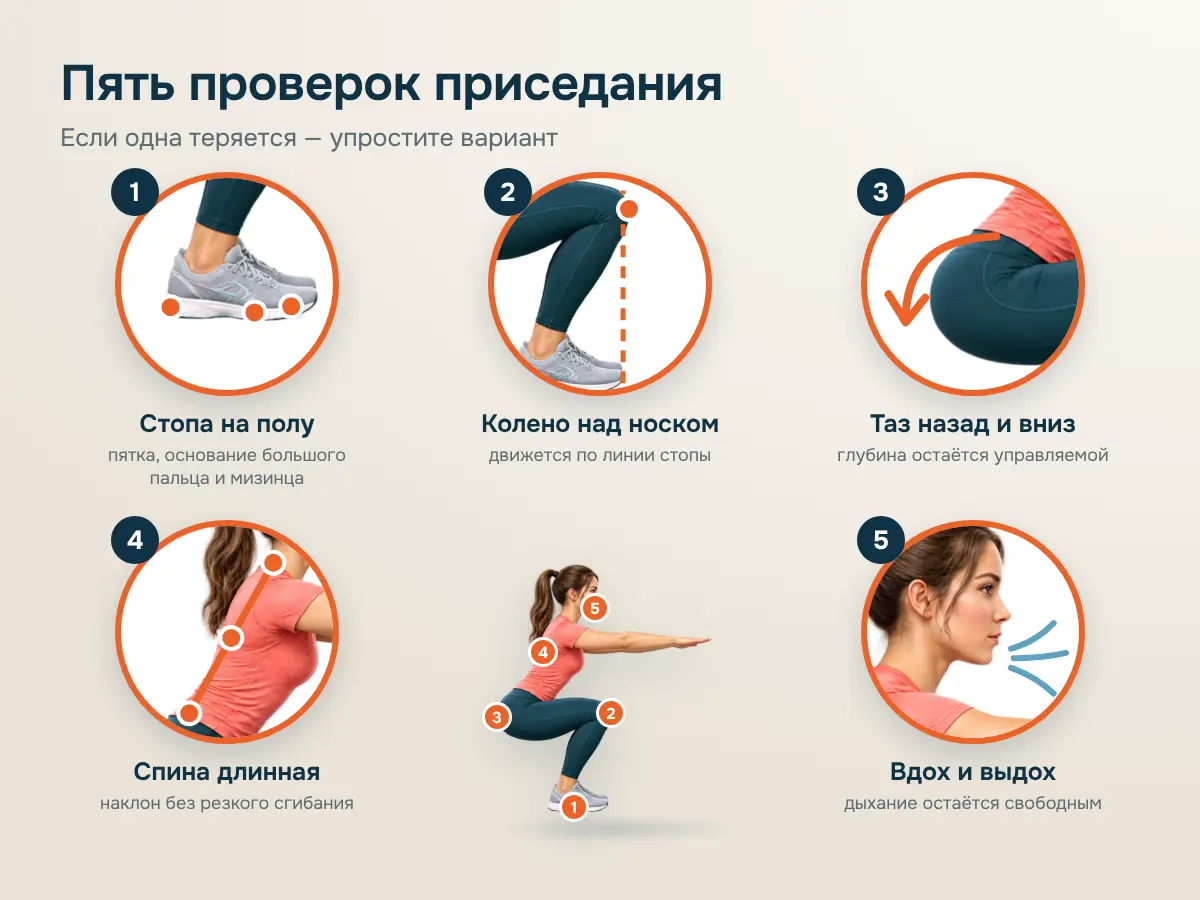 Пять проверок приседания: стопа, колено, таз, спина, дыхание