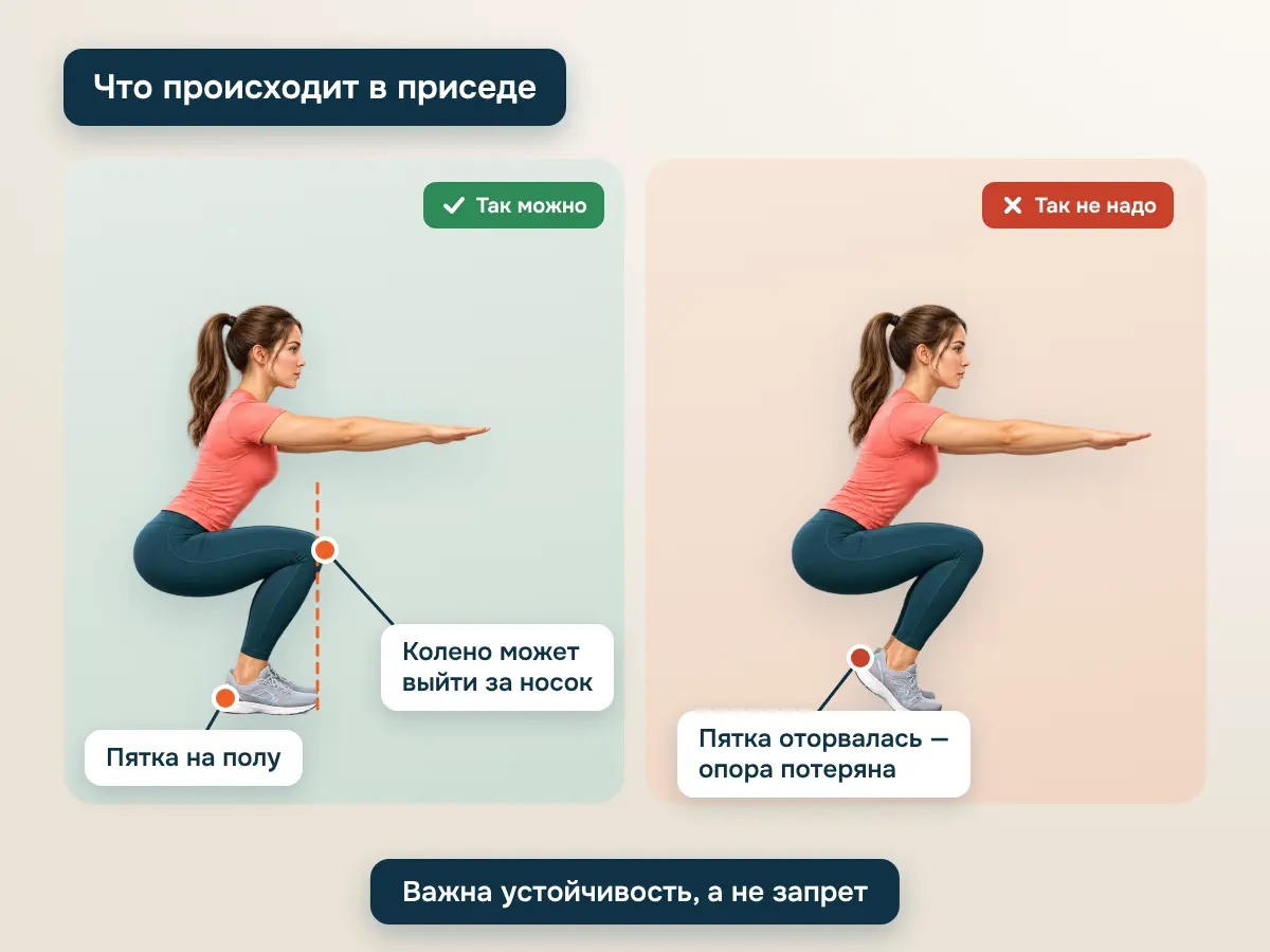 Два приседа: колено чуть за носком при пятке на полу — можно; пятка оторвалась — не надо