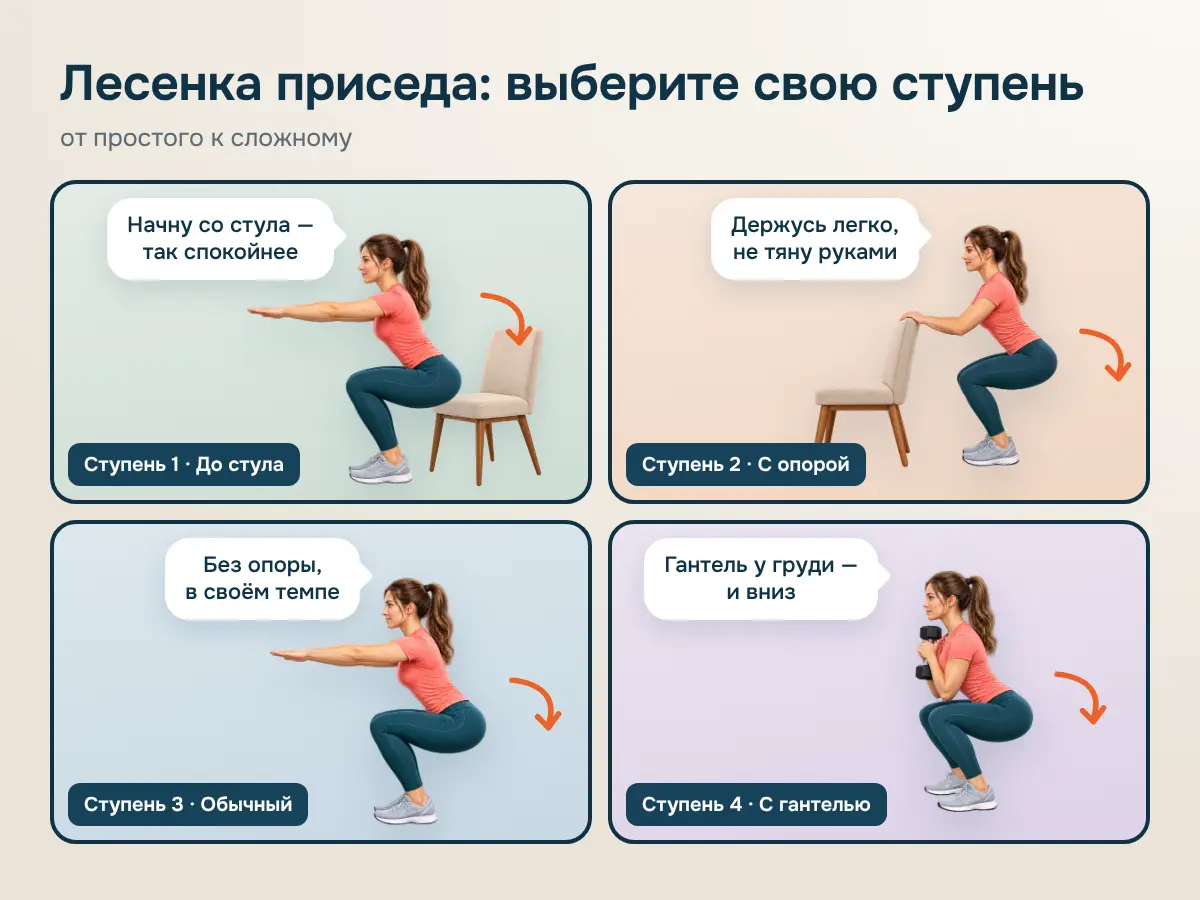 Четыре ступени приседа: до стула, с опорой, обычный, с гантелью