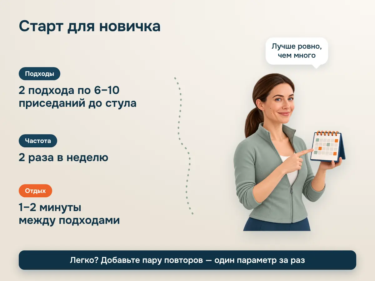 Старт для новичка: 2 подхода по 6–10 приседаний до стула, 2 раза в неделю, отдых 1–2 минуты