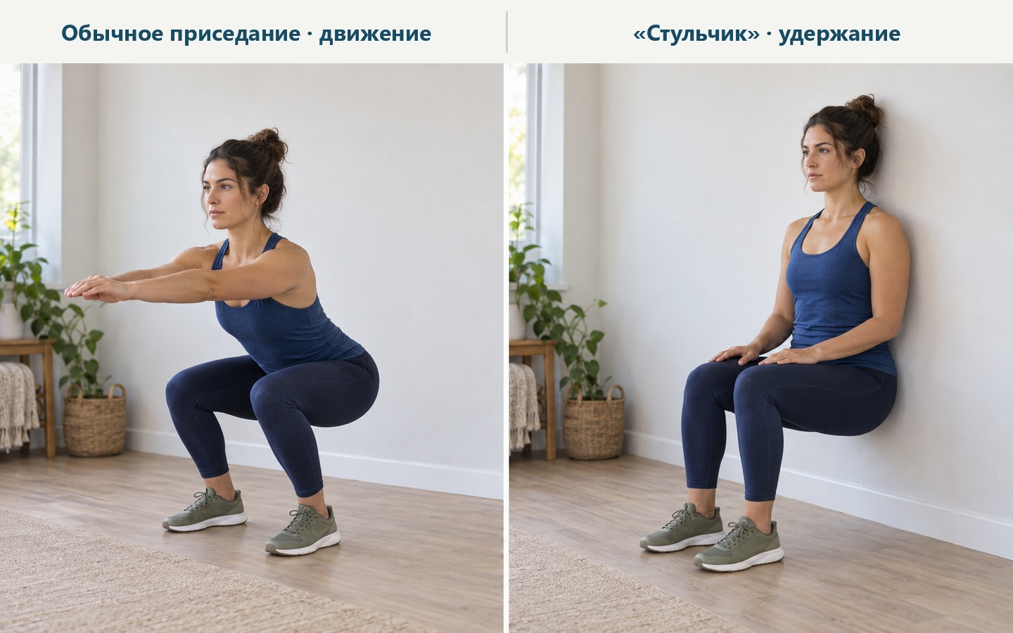Сравнение обычного приседания и «стульчика» у стены: слева движение вниз и вверх, справа неподвижное удержание.