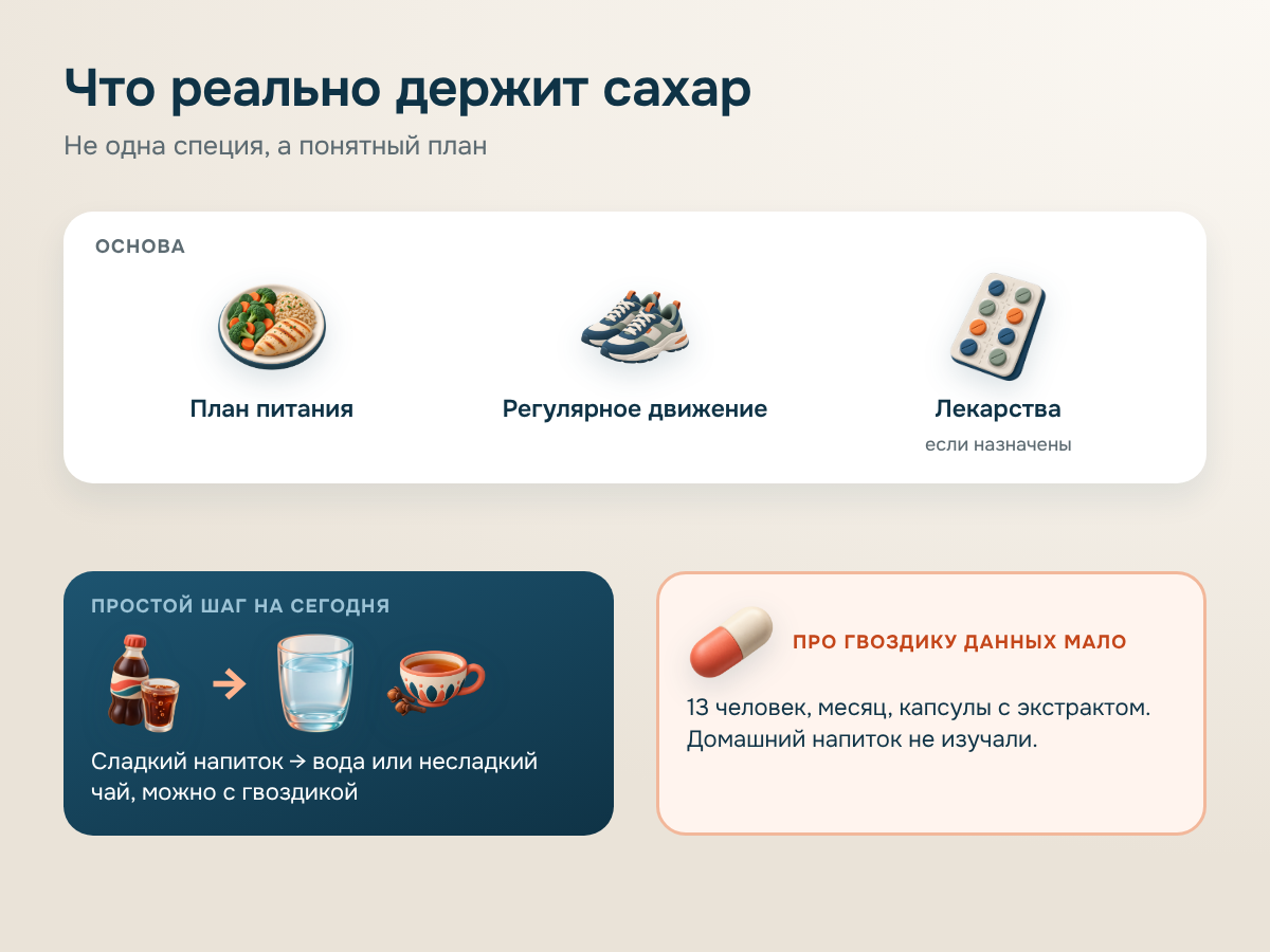 Схема: основа — план питания, регулярное движение, лекарства если назначены; простой шаг — сладкий напиток заменить водой или несладким чаем с гвоздикой; про гвоздику данных мало: 13 человек, месяц, капсулы с экстрактом.