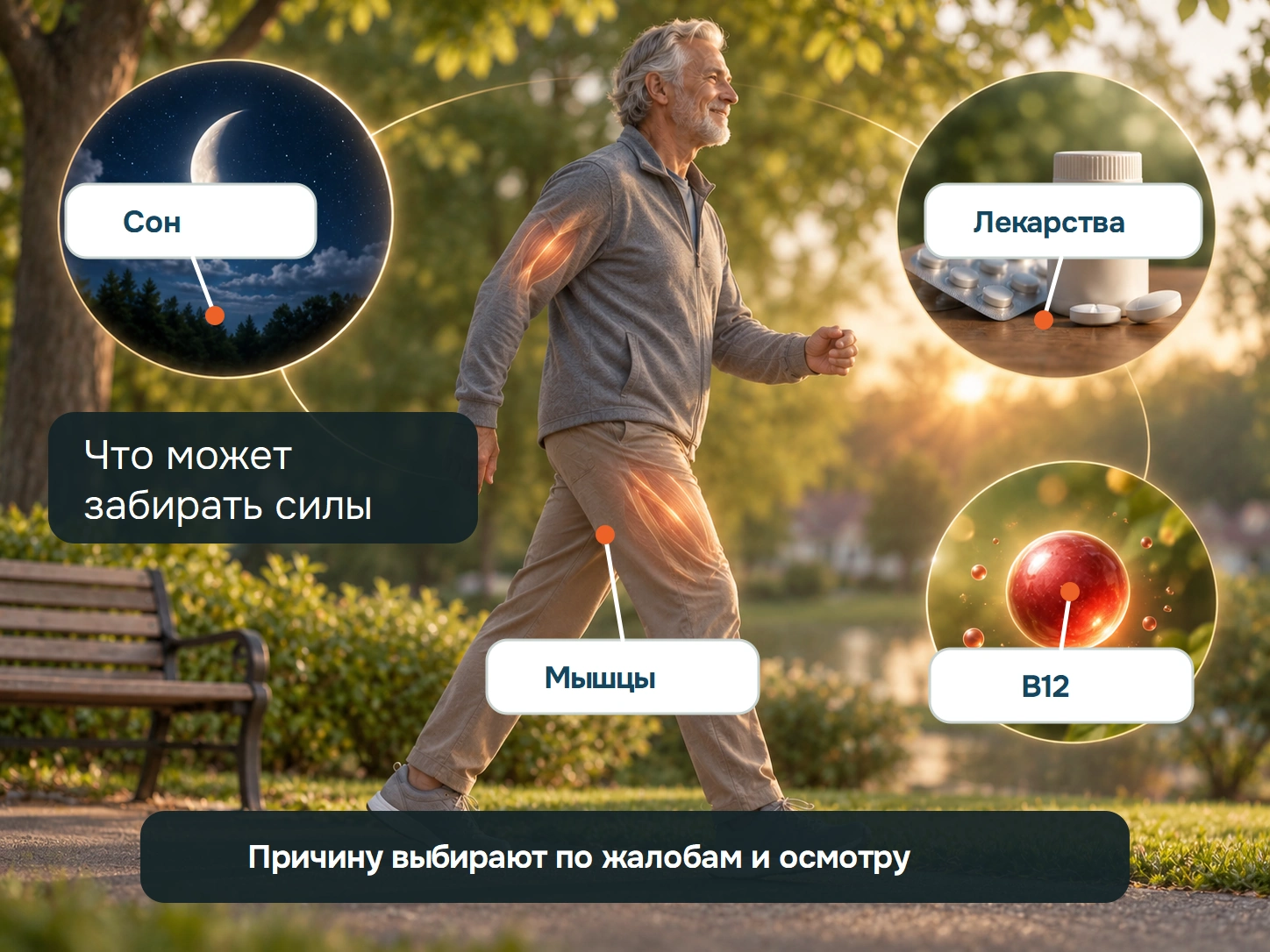 Условная сцена показывает четыре темы, которые могут быть связаны с упадком сил: мышцы, сон, лекарства и витамин B12.