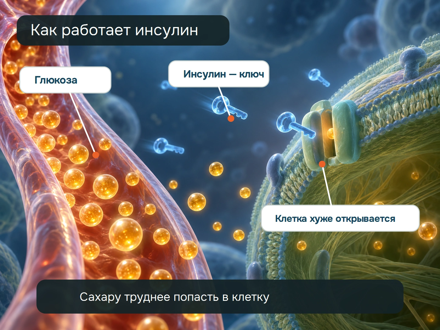 Условная объёмная сцена: глюкоза движется из сосуда к мышечной клетке, инсулин действует как ключ, но клетка хуже открывается.
