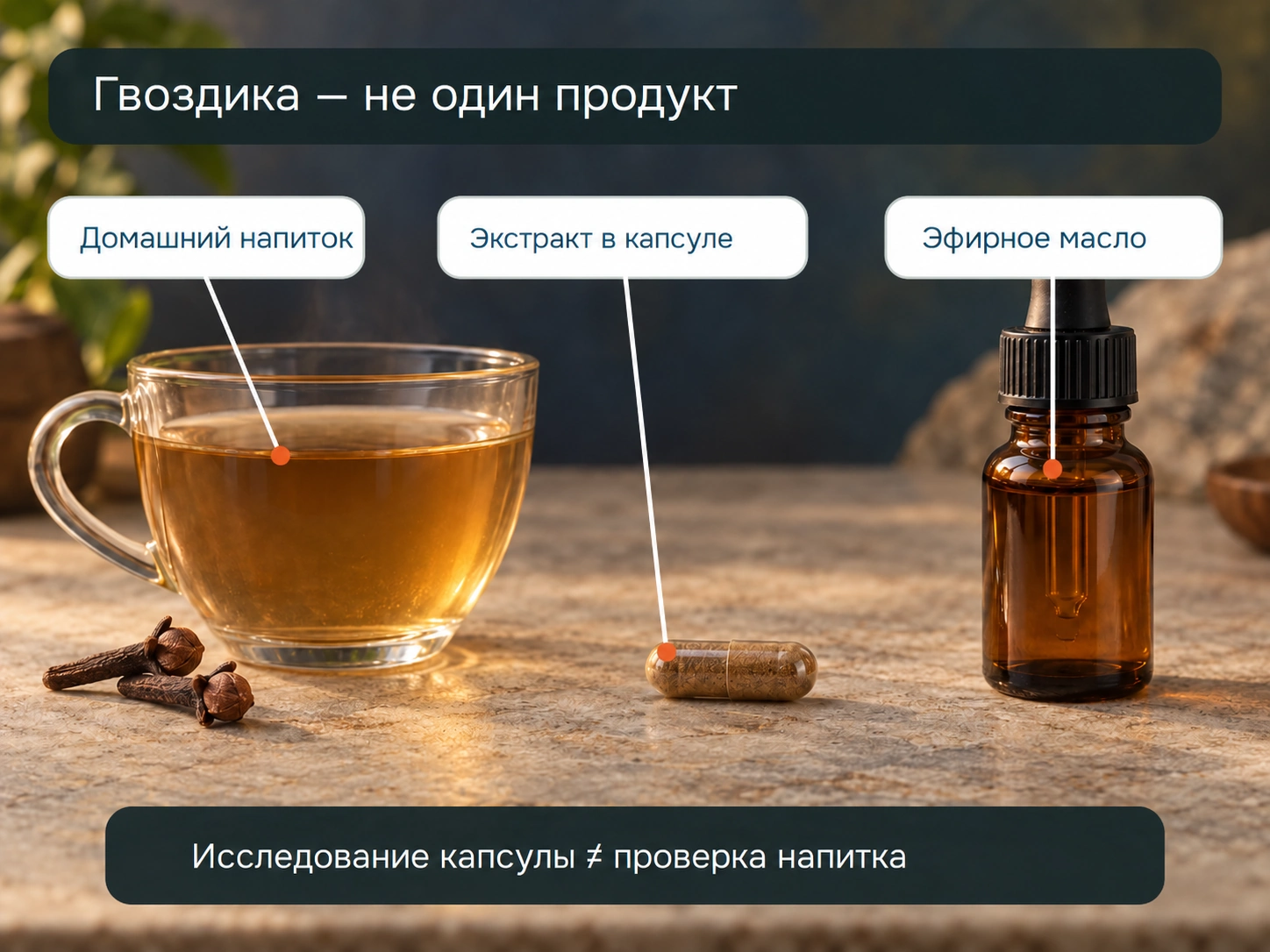 Три формы продукта: домашний напиток, исследовательский экстракт и эфирное масло.