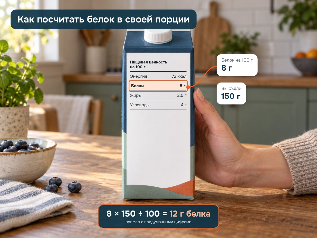 Фото: рука держит пакет на кухонном столе; на этикетке выделена строка «Белки 8 г». Выноски: белок на 100 г — 8 г, вы съели 150 г; внизу расчёт 8 × 150 ÷ 100 = 12 г белка.