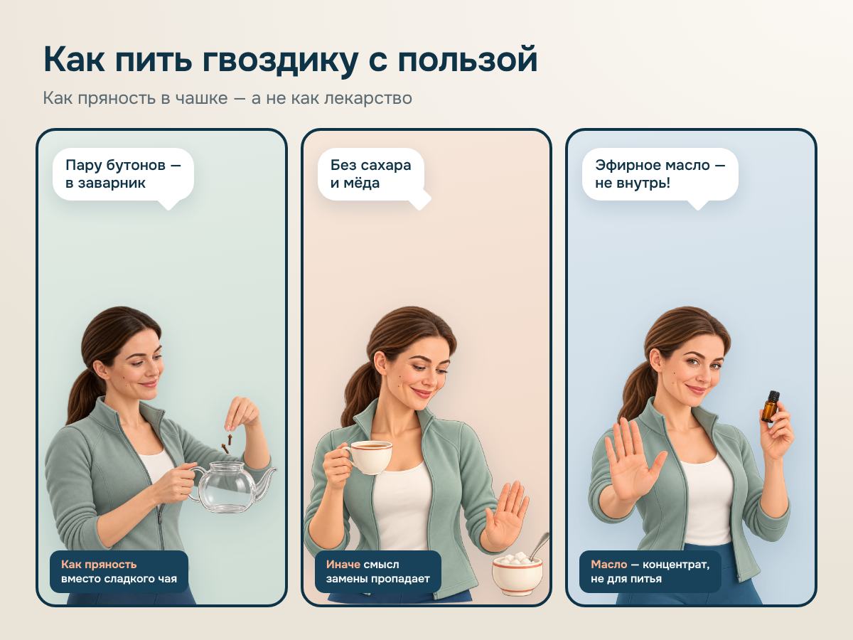 Комикс из трёх кадров: Аня кладёт пару бутонов гвоздики в заварник; отказывается от сахара и мёда; останавливает жестом флакон эфирного масла — это концентрат, не для питья.