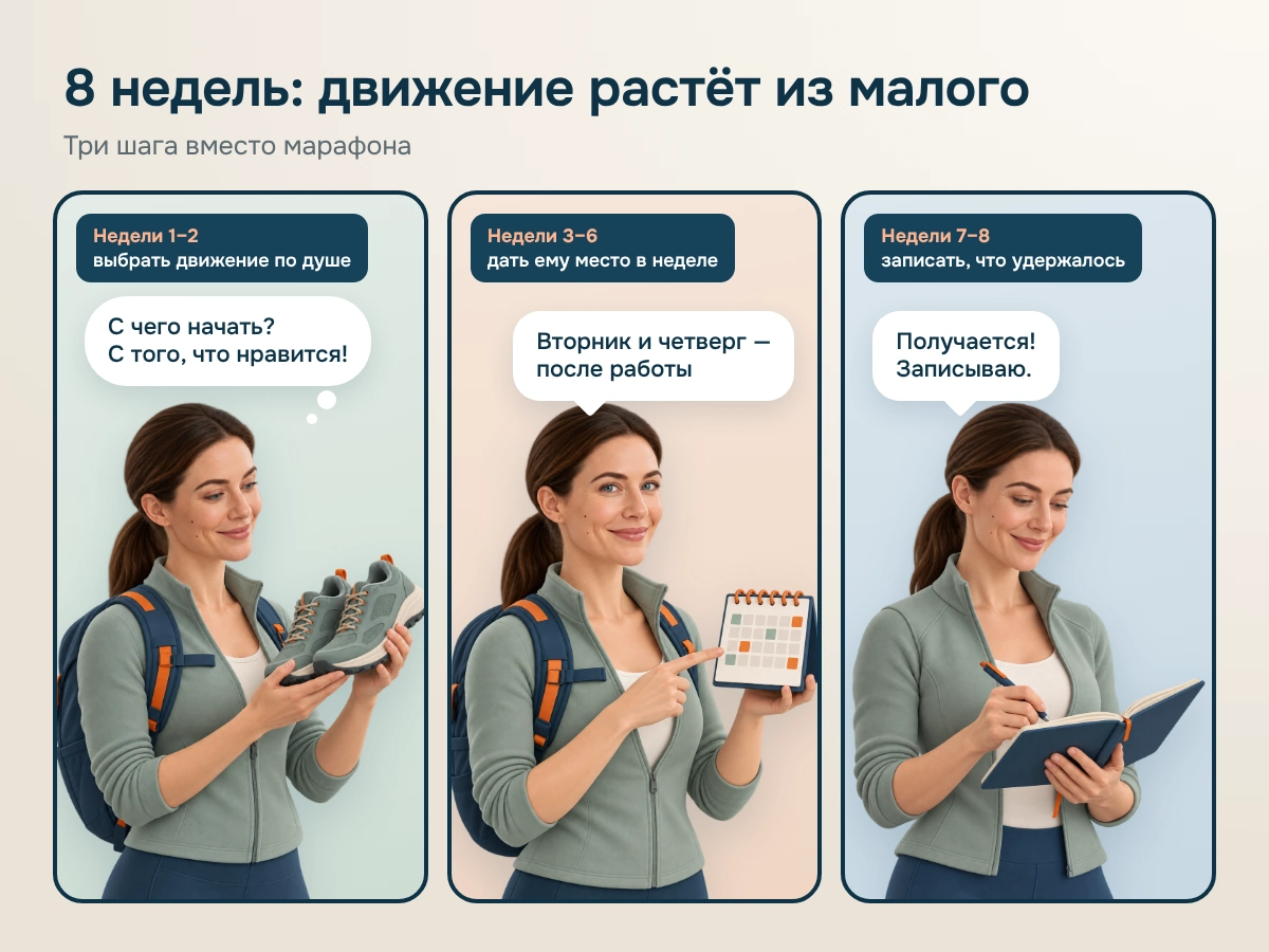 Комикс из трёх кадров: Аня с кроссовками решает, с чего начать; показывает на календарь; записывает успехи в блокнот.