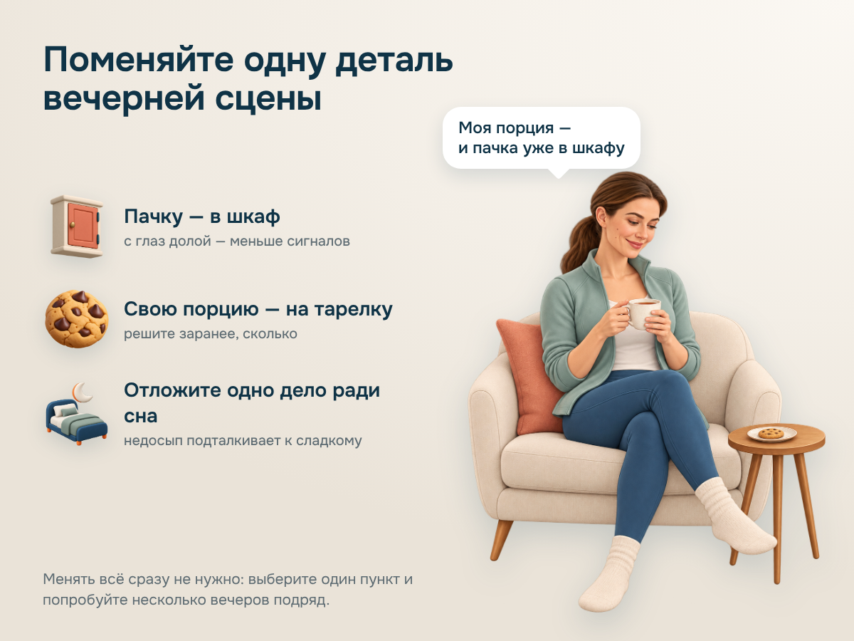 Иллюстрация: Аня в кресле с чашкой чая, рядом на столике тарелка с одним печеньем. Слева три шага: пачку — в шкаф, свою порцию — на тарелку, отложить одно дело ради сна.