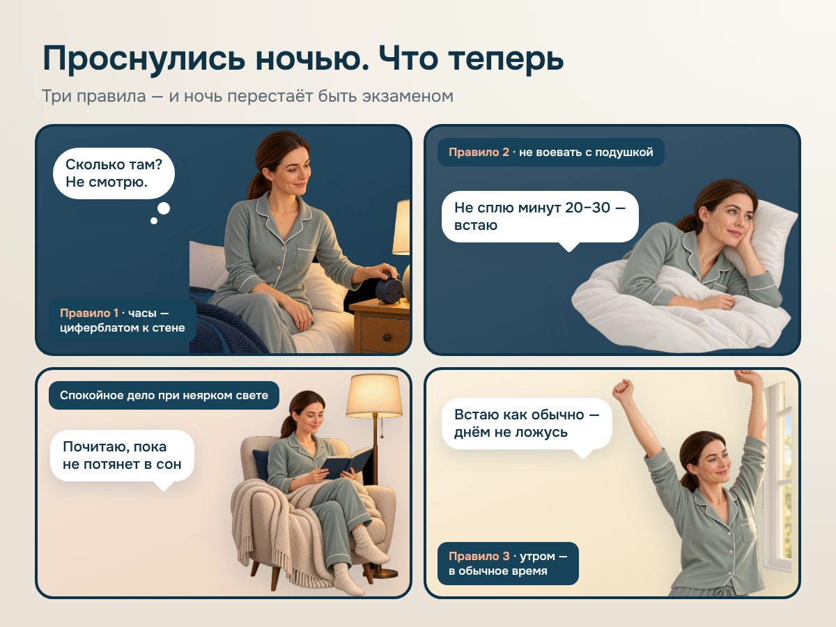 Комикс из четырёх кадров: Аня поворачивает будильник к стене, не может уснуть и встаёт, читает в кресле при неярком свете, утром потягивается у окна.