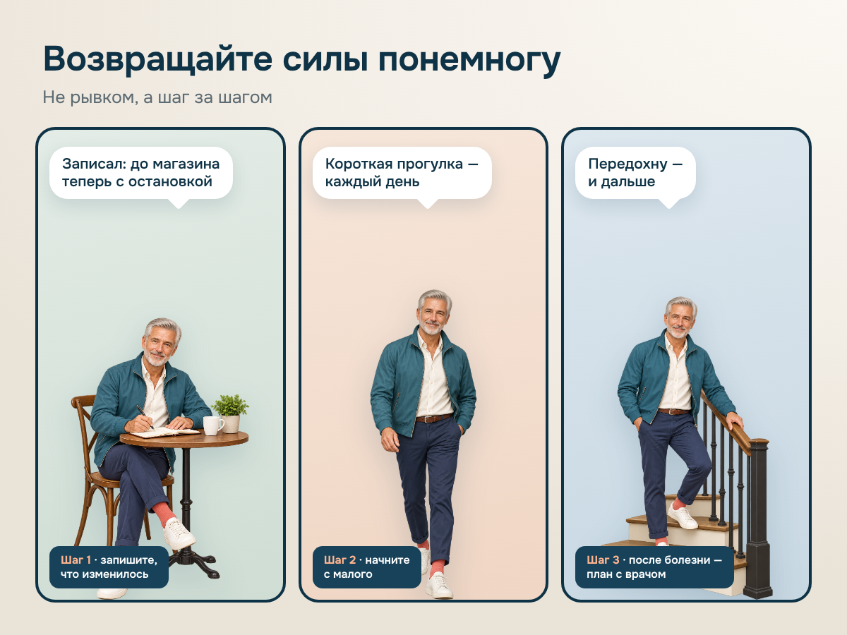 Комикс из трёх кадров: мужчина за 65 записывает за столиком, что дорога до магазина теперь с остановкой; идёт на короткую прогулку; поднимается по лестнице, держась за перила.