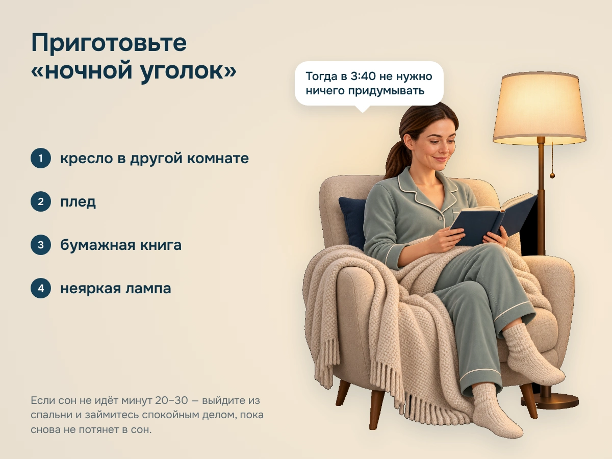 Иллюстрация: Аня в кресле с пледом читает книгу при неярком торшере; рядом список — кресло в другой комнате, плед, бумажная книга, неяркая лампа.