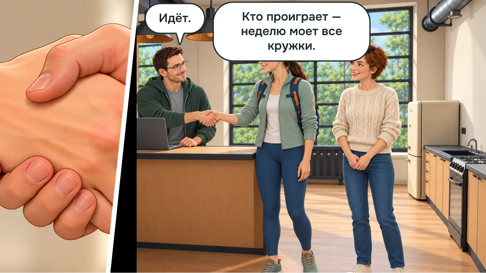 Аня и Лёша заключают пари рукопожатием