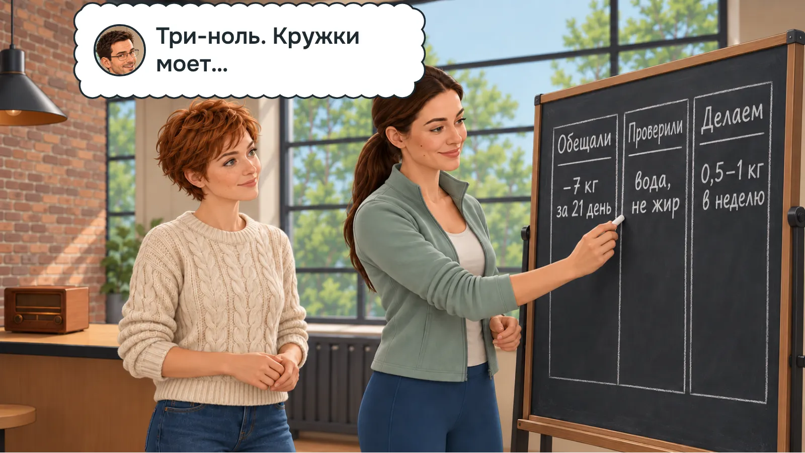 На доске мелом записано: Обещали, Проверили, Делаем