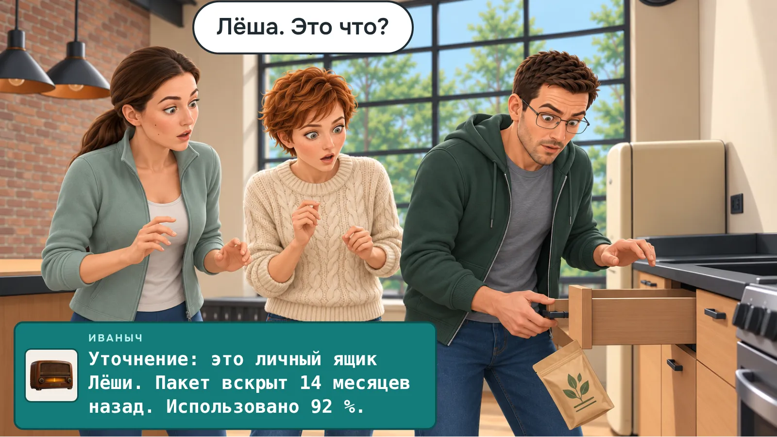 Герои находят пакет детокс-чая в ящике Лёши