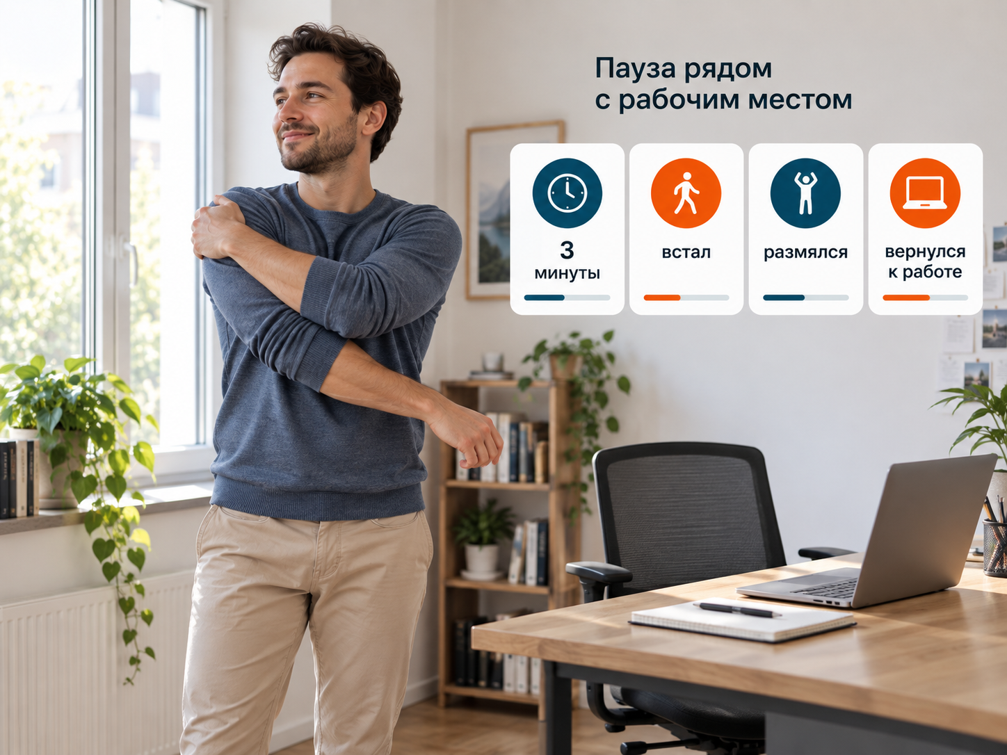 Мужчина разминается рядом с рабочим столом; четыре карточки показывают последовательность: три минуты, встал, размялся, вернулся к работе